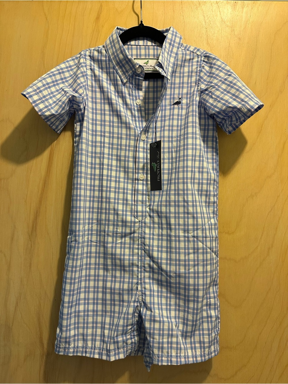 Boys Light Blue/Pink Plaid Short-Sleeve One Piece